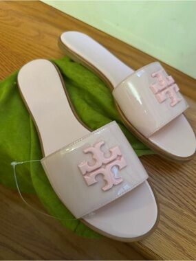 Tory Burch Light Pink Patent Logo Slide Sandals